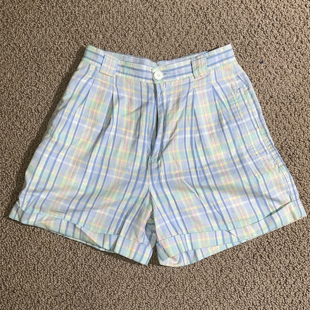 Vintage Liz Sport Pastel Plaid High-Waisted Cotton Shorts